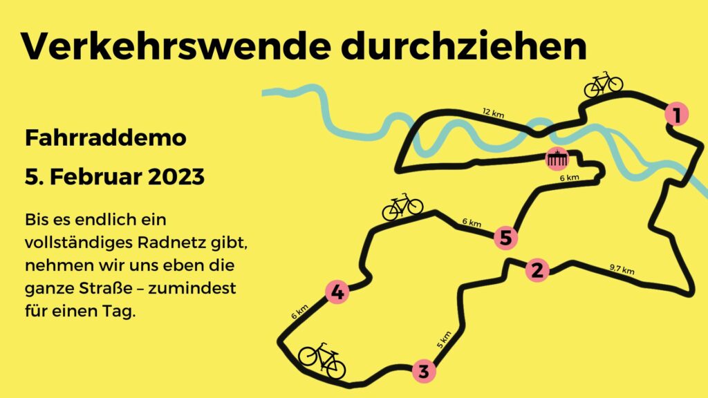 Fahrraddemo am 5. Febraur 2023. Gelbe Grafik mir stiliiserter Route.