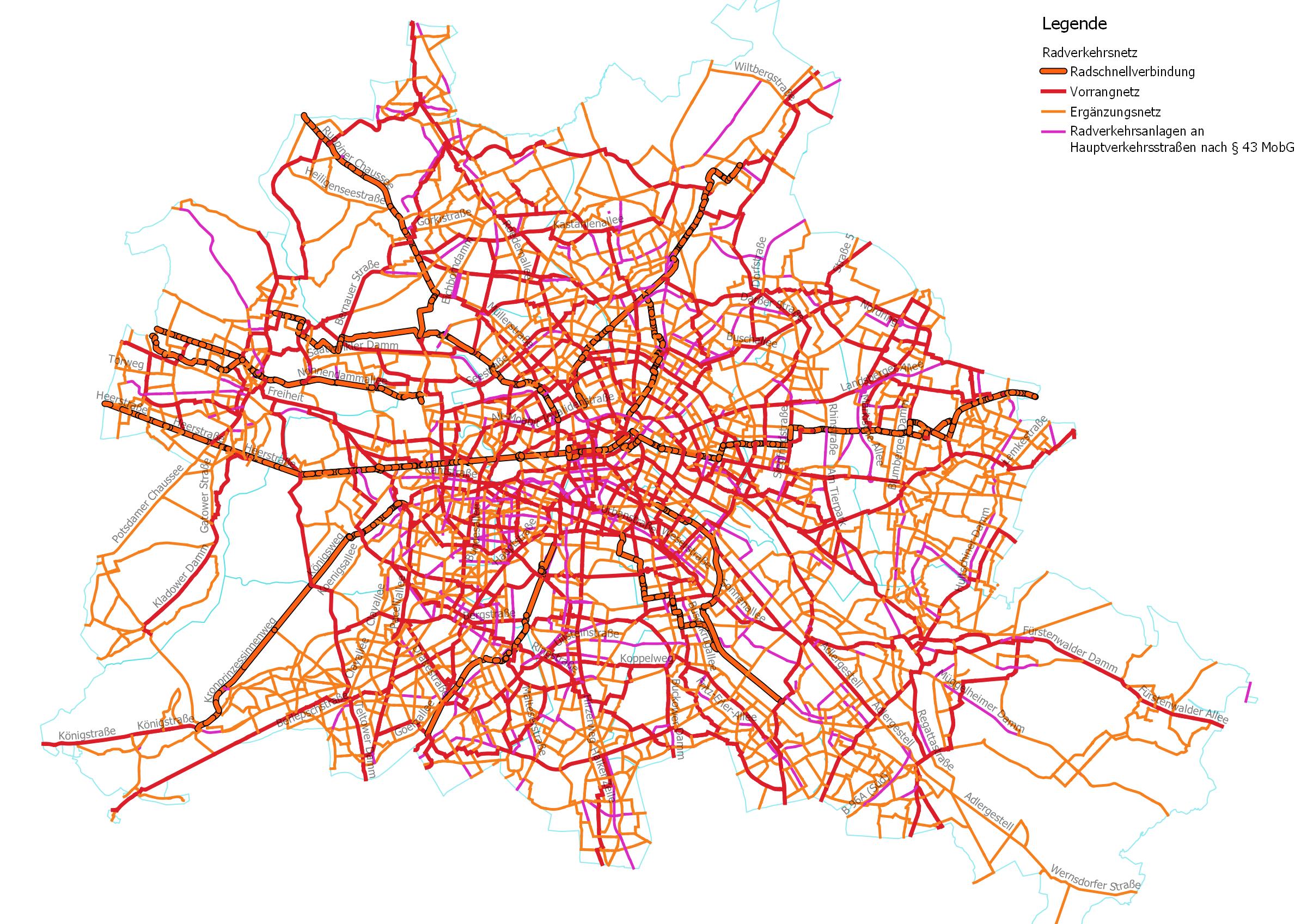 Karte des vollständigen Berliner Radnetzes, wie im Mobilitätsgesetz bis 2030 vorgesehen