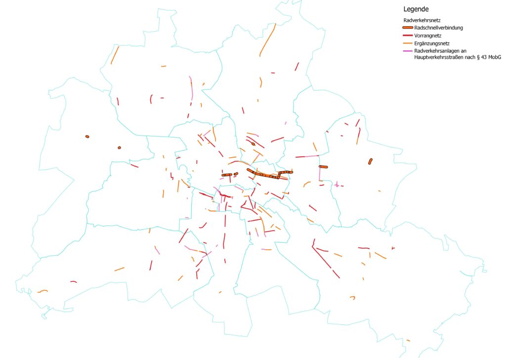 Karte Berlins mit den fertiggestellten Radinfrastrukturanlagen, die mindestens einen baulichen Standard teilweise erfüllen (siehe FAQ)