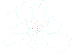 Eine Karte von Berlin mit etwas 20 ganz dünnen roten Strichen: Es sind die Radwege, die nach den Standards des Radverkehrsplan seit 2018 bis heute umgesetzt wurden.
