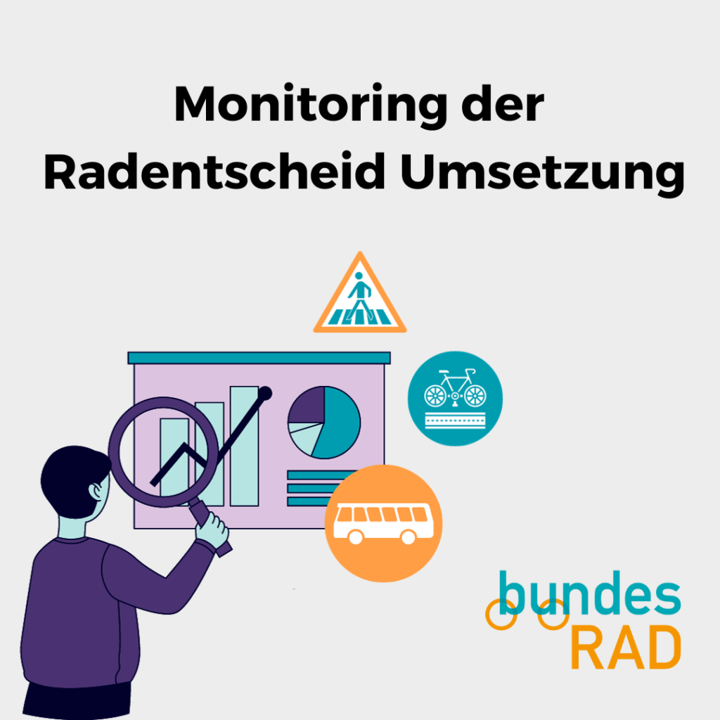 Monitoring der Radentscheid Umsetzung am 23. November von 19 bis 20:30. Darunter eine Grafik von einer stilisierten Person an einer Tafel mit Diagrammen und ein paar Verkehrsschilder.