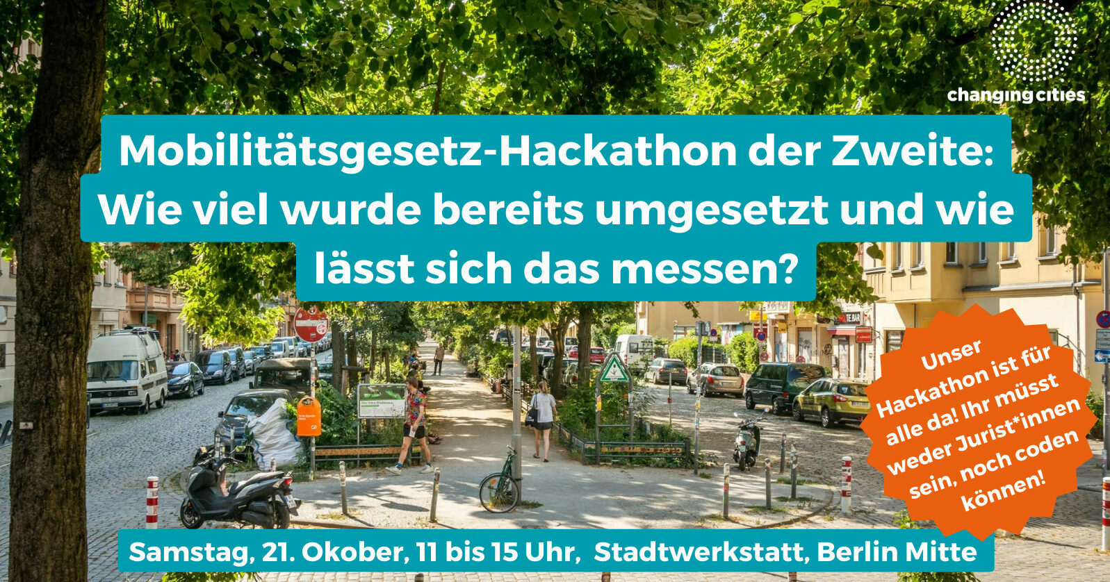 Mobilitätsgesetz-Hackathon der Zweite: 21. Oktober, 11-15 Uhr in der Stadtwerkstatt Berlin.