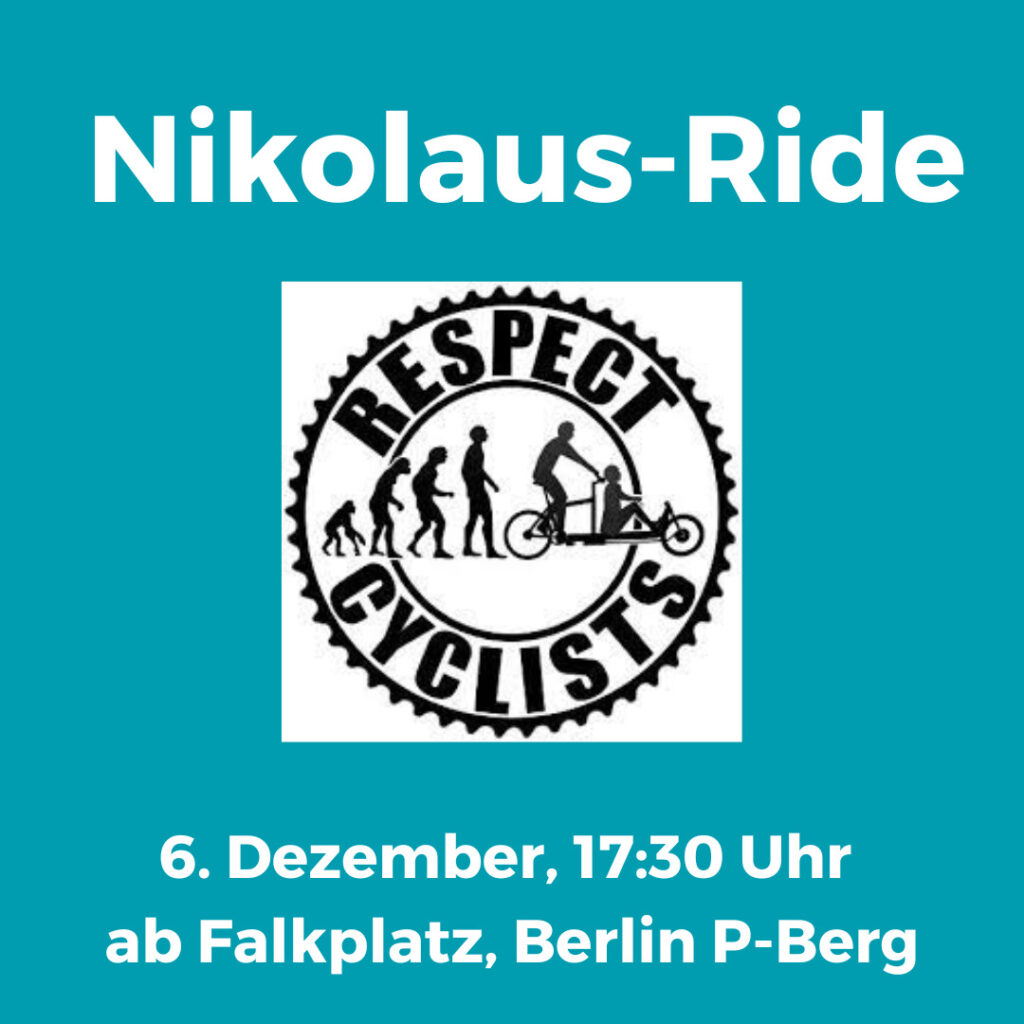 Nikolaus-Ride steht in weiß vor türkisem Hintergrund, darunter das Logo der Respect Cyclists.