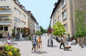 Eine Straße in der zukünftigen Heinerblock in Darmstadt: Ohne Autos und mit viel Grün spazieren, sitzen, spielen und radeln Menschen.