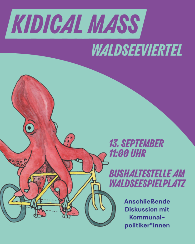 Waldseeverteil-Poster mit Oktopus auf Fahrrad: 13. September, 11 Uhr, Bushaltestelle am Waldseespielplatz; Diskussion mit Kommunalpolitiker*innen