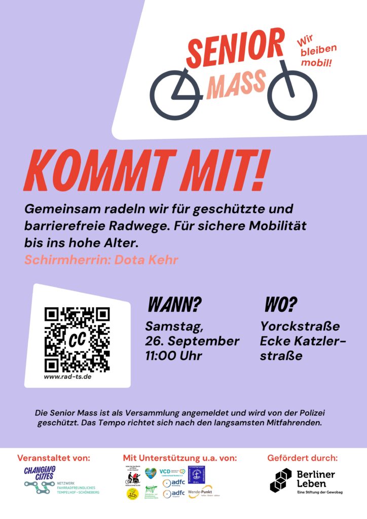 Plakat für die Senior Mass: „Kommt mit!“ mit Rad-Icon, Datum, Ort, QR-Code und Hinweis auf barrierefreie Radwege