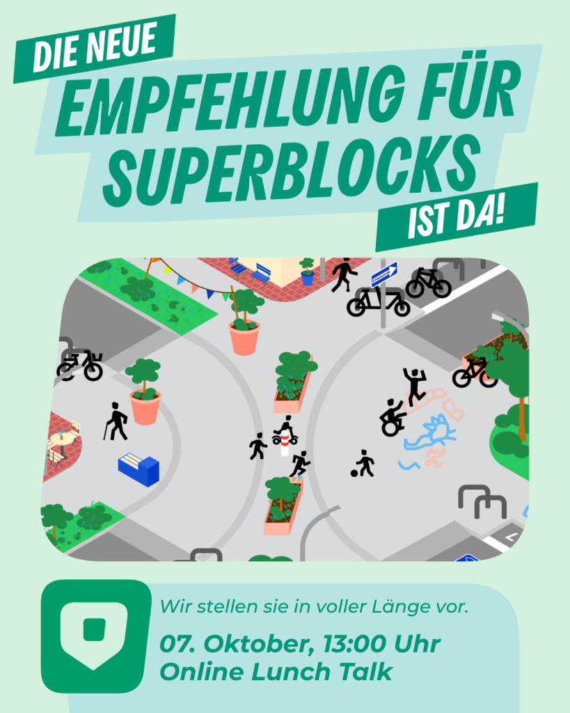 Ankündigungsplakat mit der Aufschrift „Die neue Empfehlung für Superblocks ist da“, unten Termin „07. Oktober, 13:00 Uhr Online Lunch Talk“