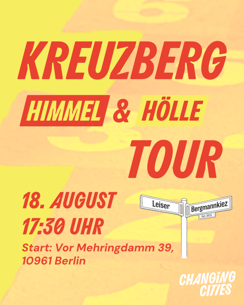 Plakat für den Kreuzberg-Himmel-&-Hölle-Tour mit Datum, Uhrzeit, Startadresse und Straßenschild-Grafik