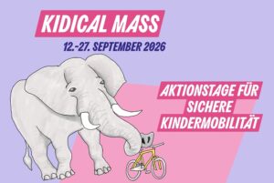 Plakat mit Elefant und Fahrrad: Kidical Mass, 12.–27. September 2026, Aktionstage für sichere Kindermobilität