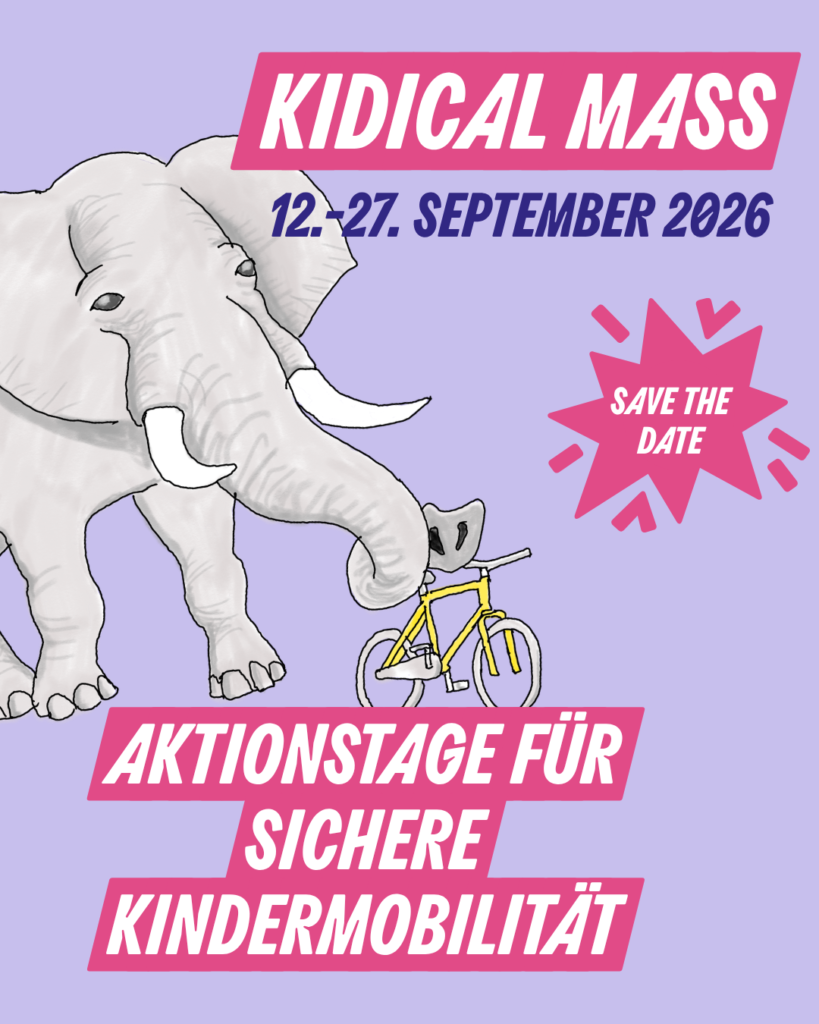 Elefant mit Fahrrad und Text „Kidical Mass“, „12.–27. September 2026“, „Aktionstage für sichere Kindermobilität“ sowie „Save the Date“