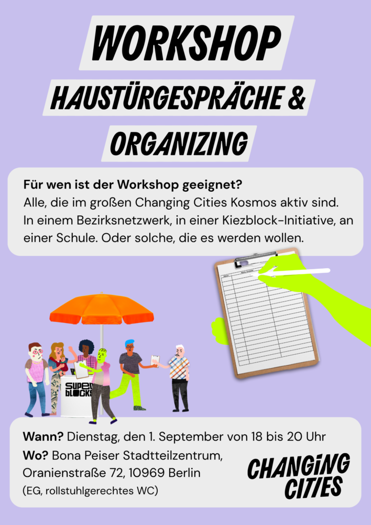 Workshop „Haustürgespräche & Organizing“ mit Termindetails und Illustration einer Infostandaktion 