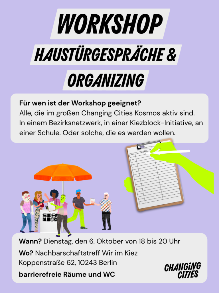 Workshop zu Haustürgesprächen und Organizing; am 6. Oktober, 18–20 Uhr, in Berlin, Koppenstraße 2, barrierefreie Räumlichkeiten