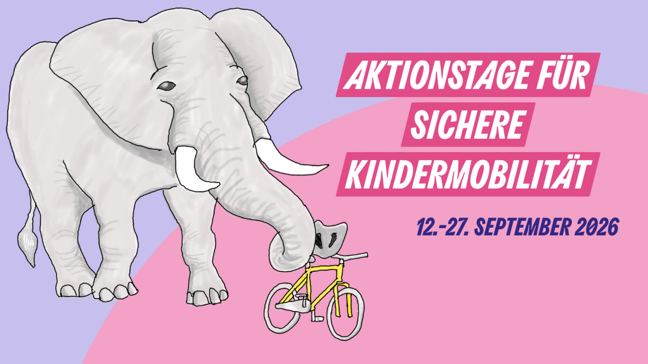 Die Zeichnung zeigt einen Elefanten und ein Fahrrad. Daneben steht: „Aktionstage für sichere Kindermobilität 12.–27. September 2026“